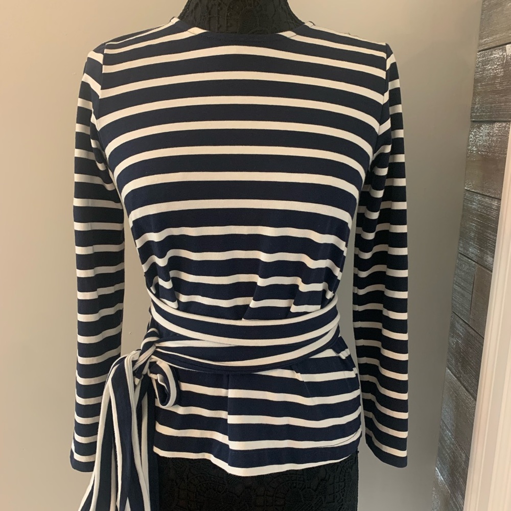 J Crew navy & white pinstripe wrap top. Size S